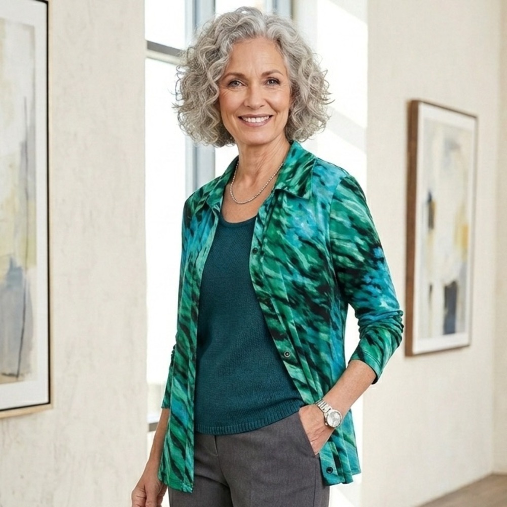 Susan Graver Teal and Navy Women's long sleeve button down - size 1x